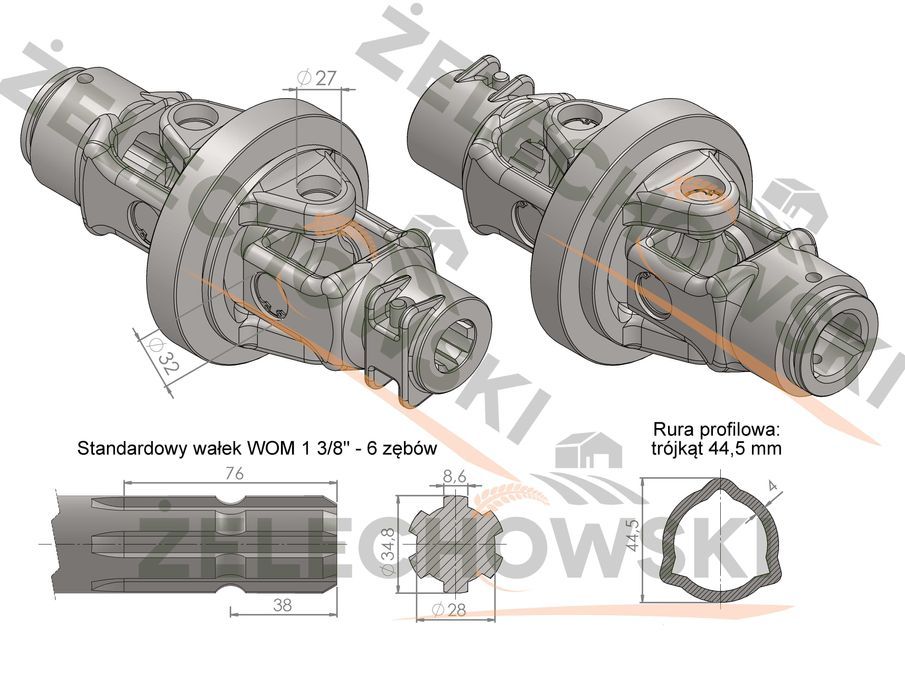 Przegub szerokokątny dwukrzyżakowy homokinetyczny 830 Nm trójkąt 45 mm
