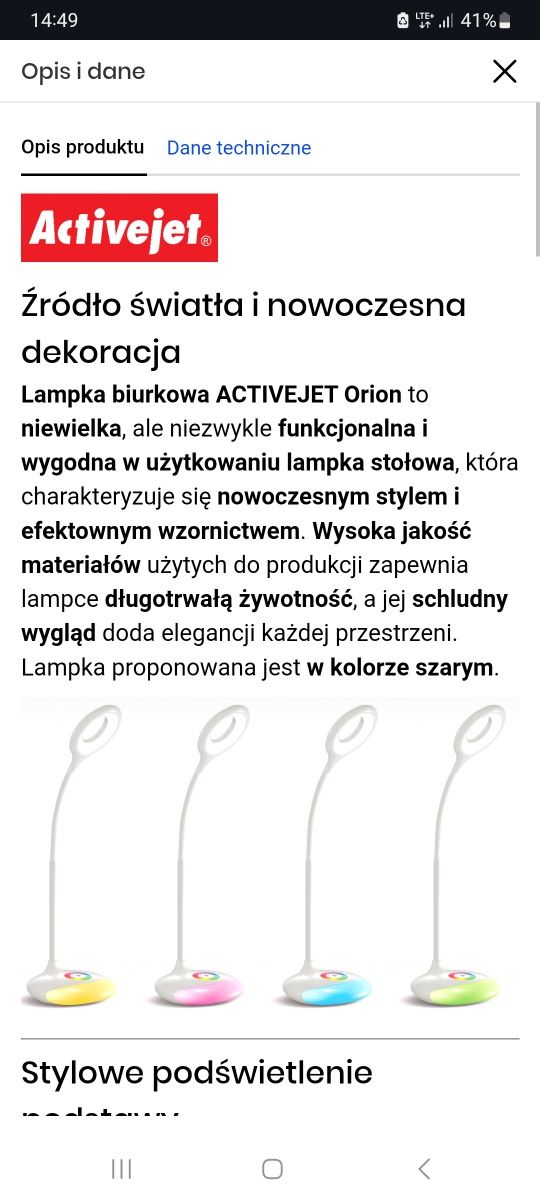 Lampka biurkowa LED Activejet    Orion RGB