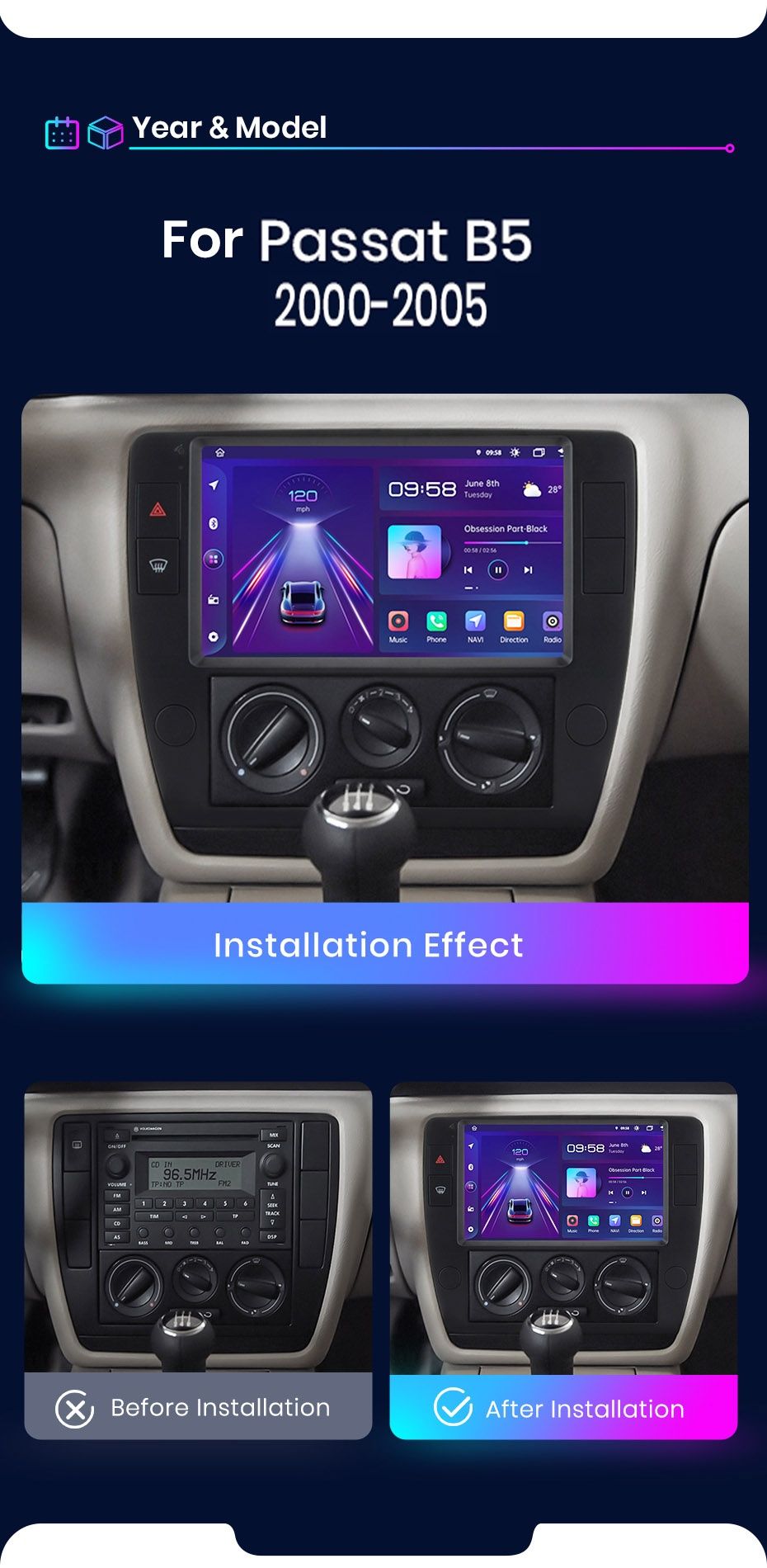 Rádio 9" android Volkswagen Passat B5 CARPLAY WIFI GPS 2/32GB Novo