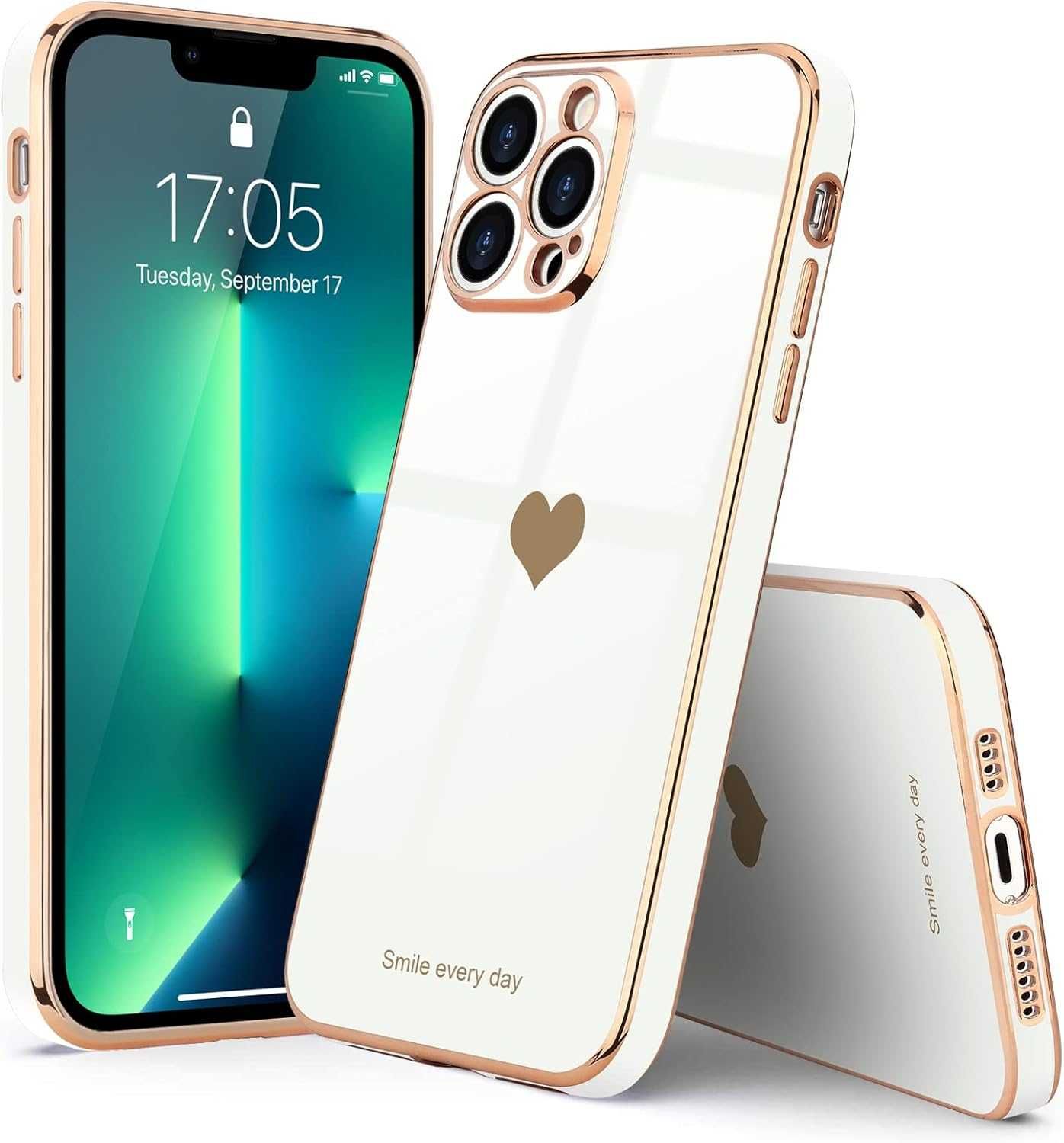 ETUI do  iPhone 13 Pro luksusowe błyszczące z sercem biało złote w954