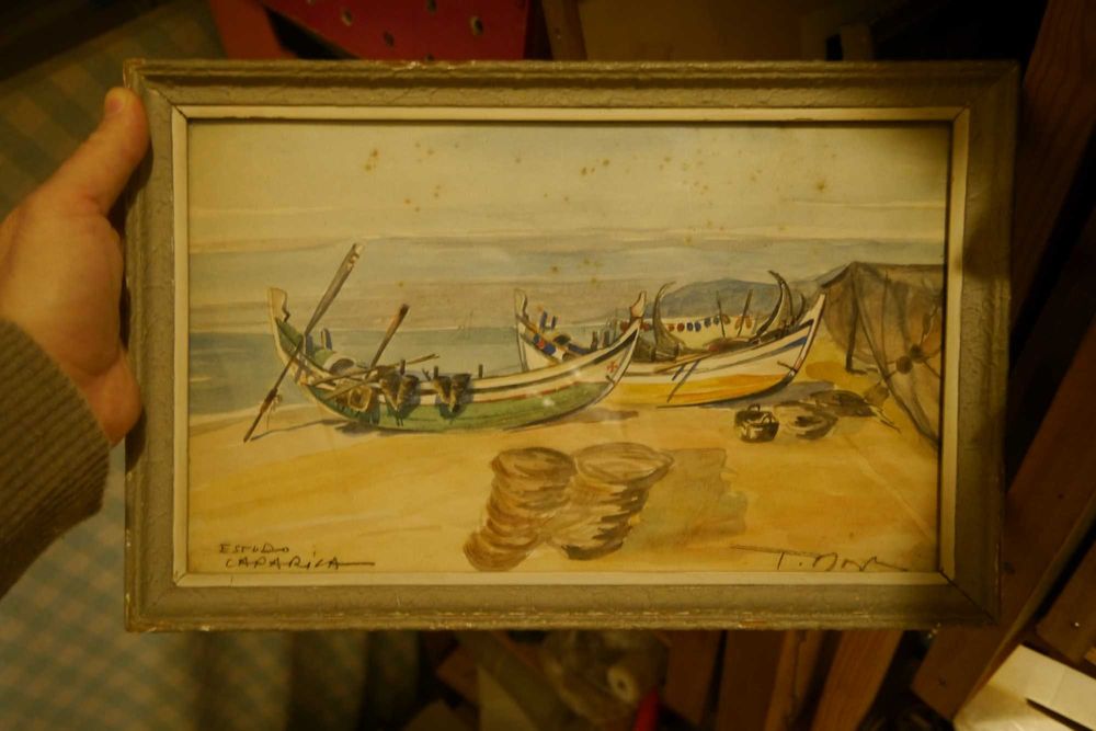 Quadro com barcos - estudo costa da caparica - pequena pintura a óleo
