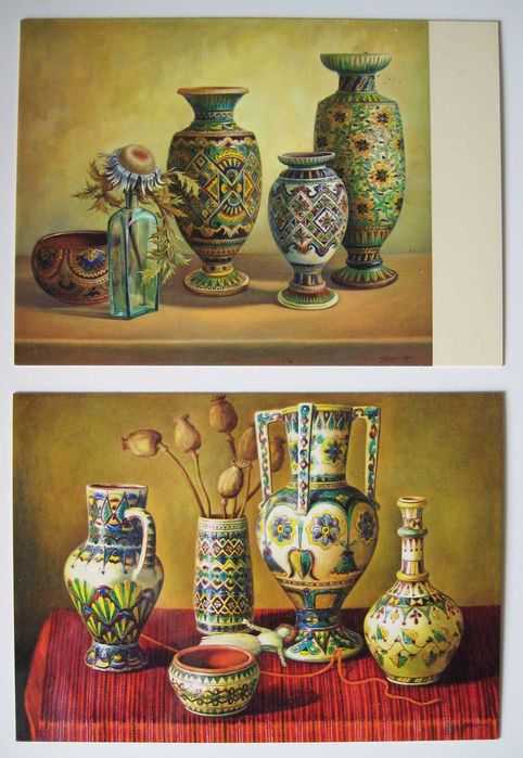 2 старі гуцульські чашки горня косівська кераміка Листівки