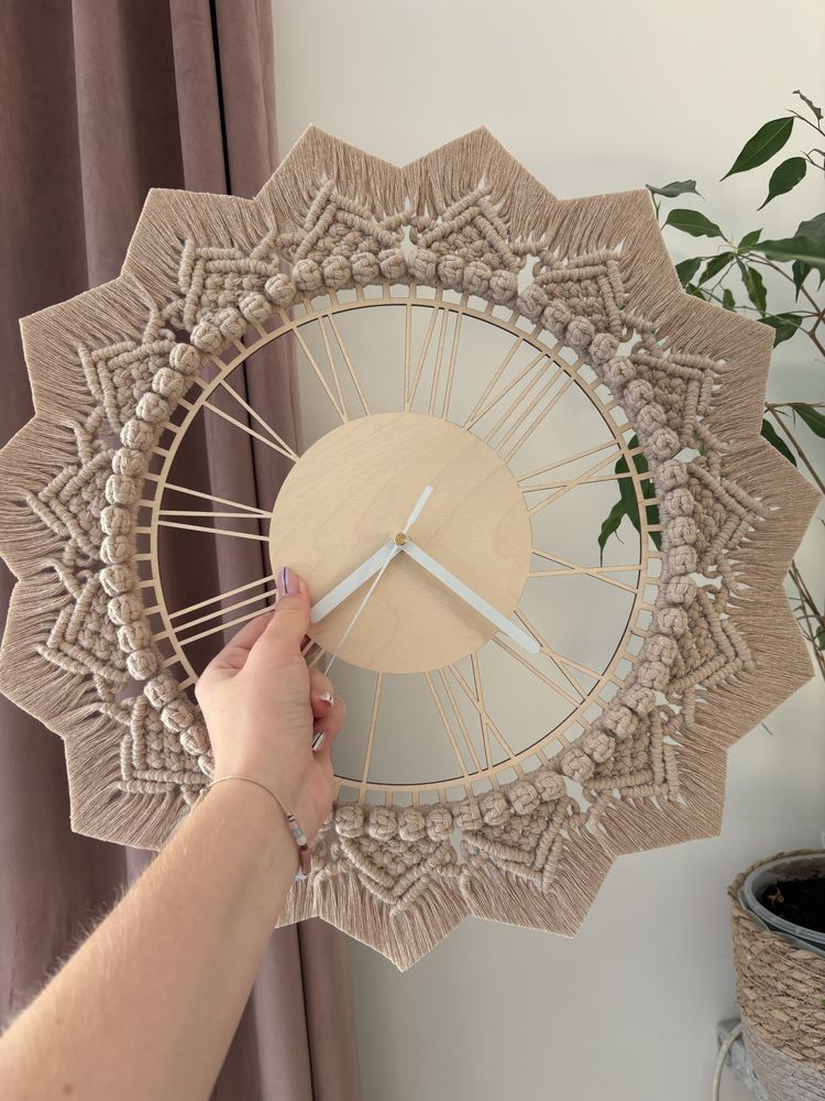 Zegar ścienny na ściane wiszący makrama boho sklejka drewno mandala