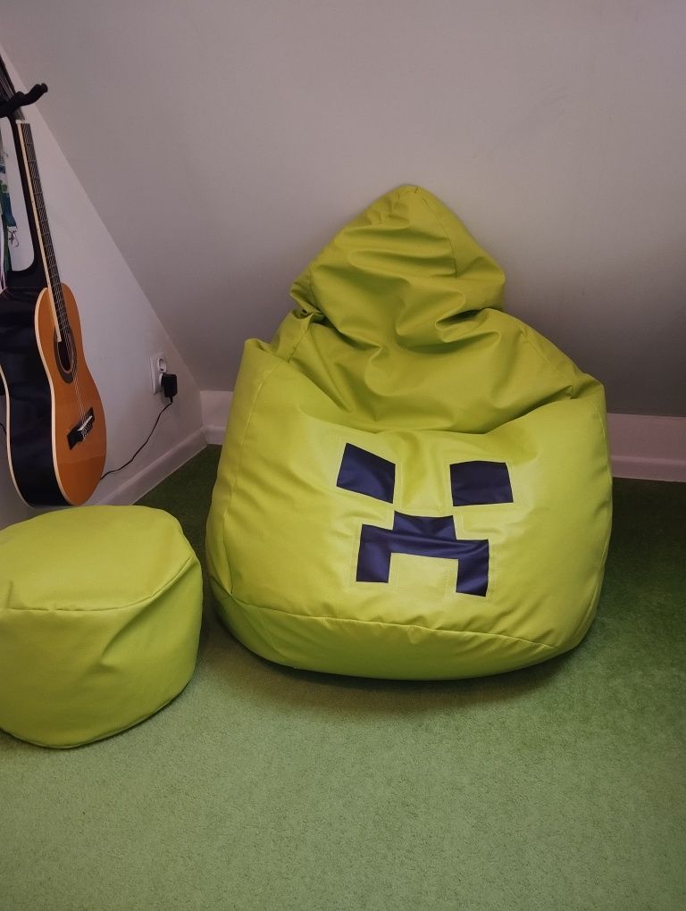 Idealny stan duży worek fotel puf z podnóżkiem Minecraft zielony
