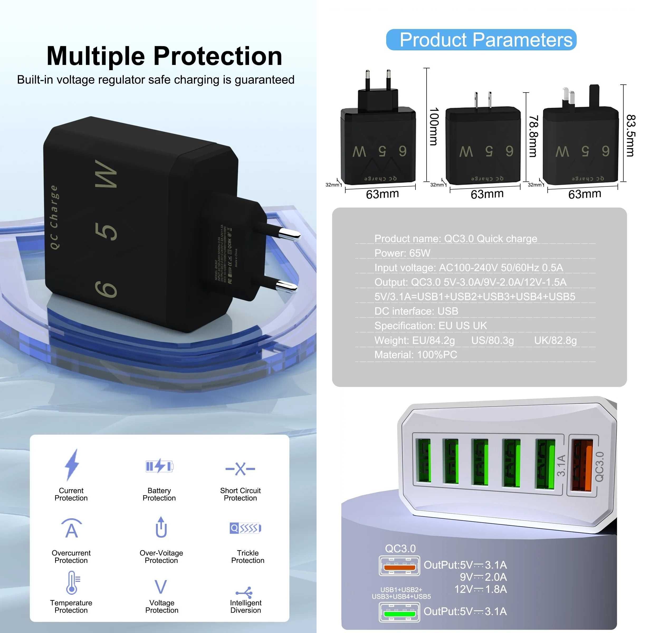 Ładowarka BK302, Quick Charge 3.0, 6xUSB, 5V 3A, 9V 2A, 12V 1,5A, 5x 5