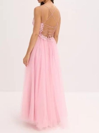 B.P.C długa sukienka różowa sznurowana tiulowa z koronką i z cyrkoniam