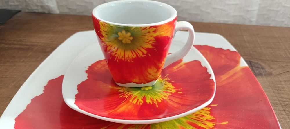 Conjunto chávena café prato sobremesa, prato sopa porcelana papoilas