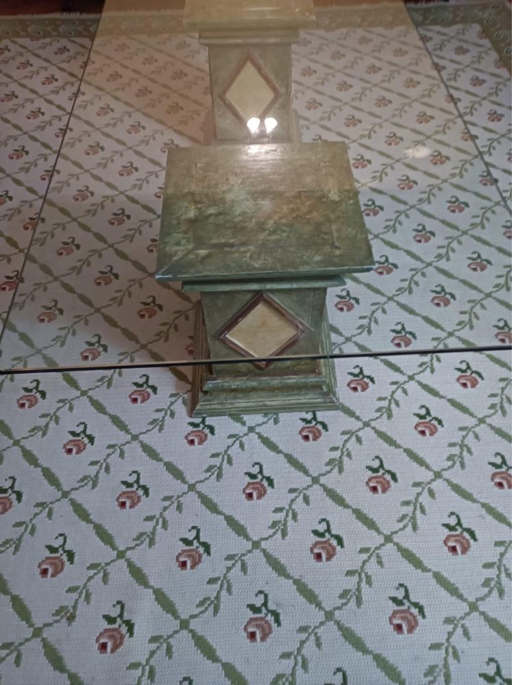 Pés de mesa pintados a mão com tampo de vidro grosso, vintage