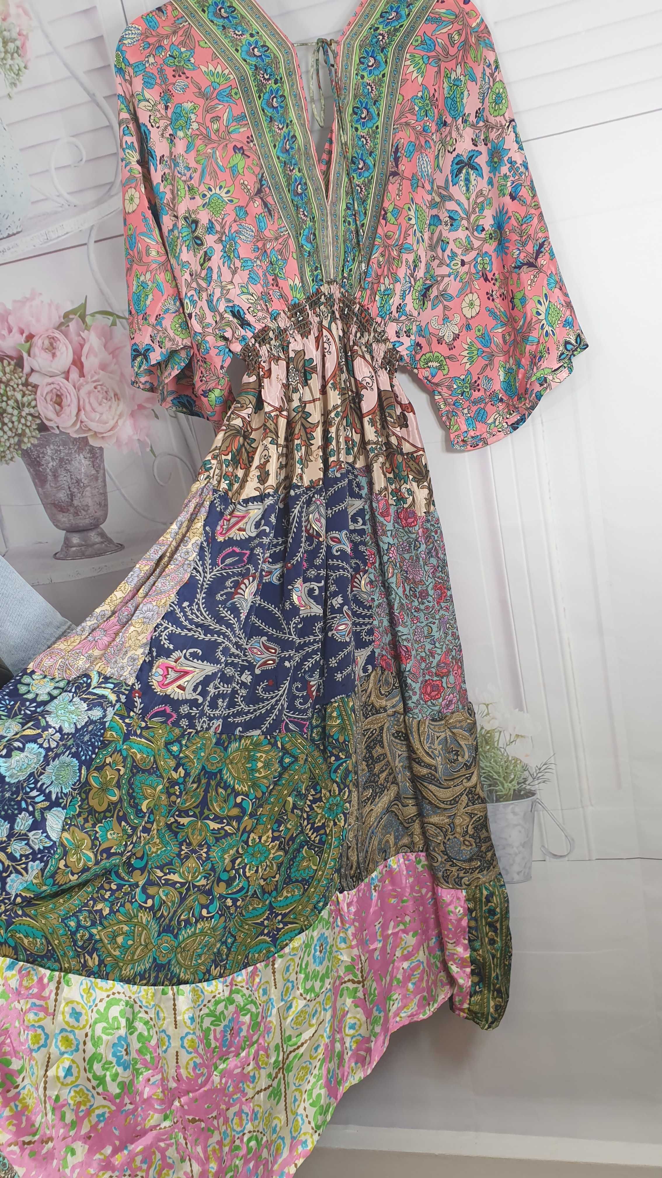 Super cena sukienka jedwabna indyjska patchwork sm