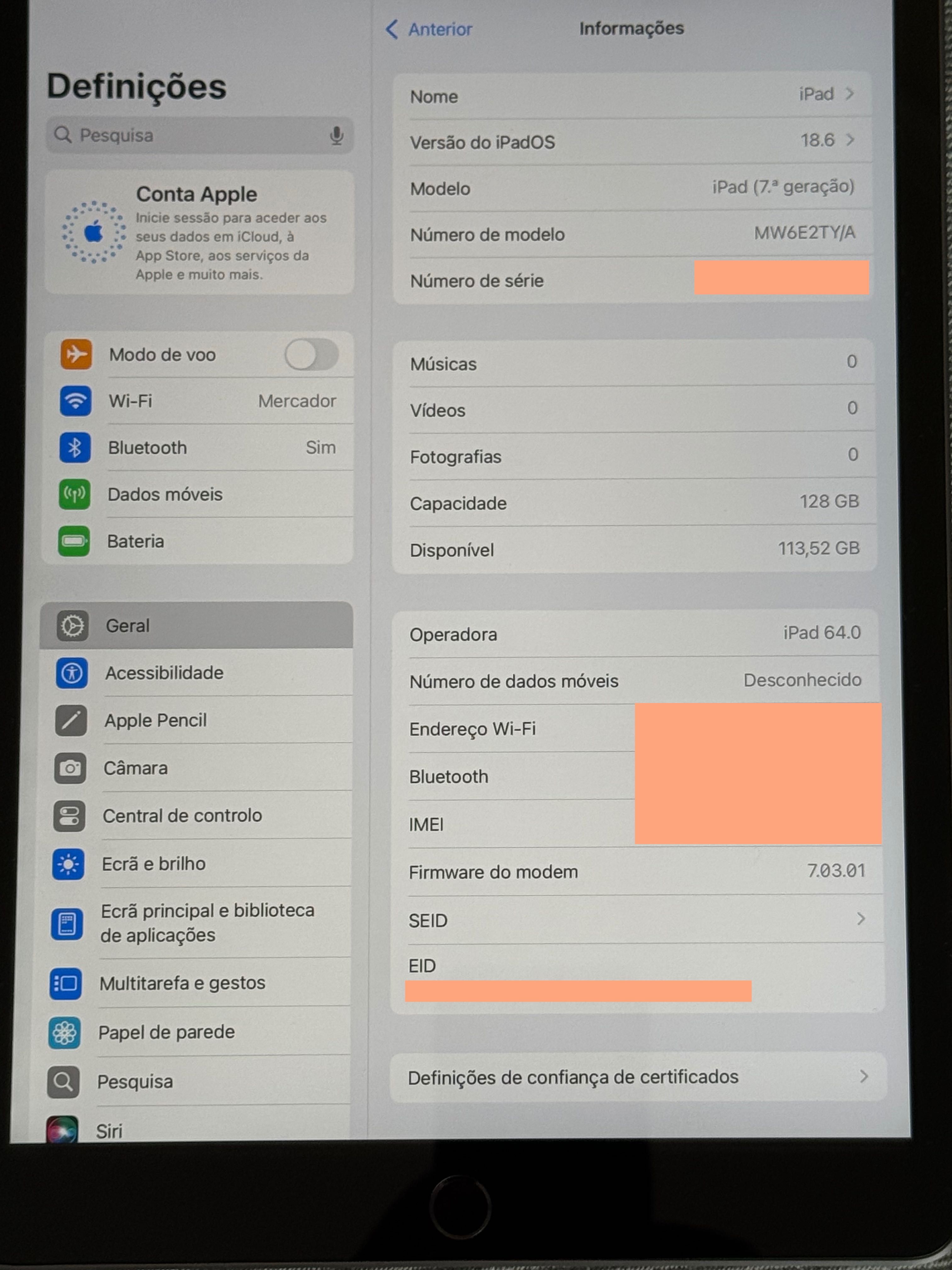 iPad 7ª geração 128GB Wi-Fi + Celular + Apple Pencil