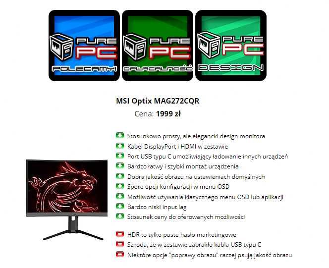 Monitor MSI Optix 27" 165Hz MAG272CQR 2K - idealny do gamingu!