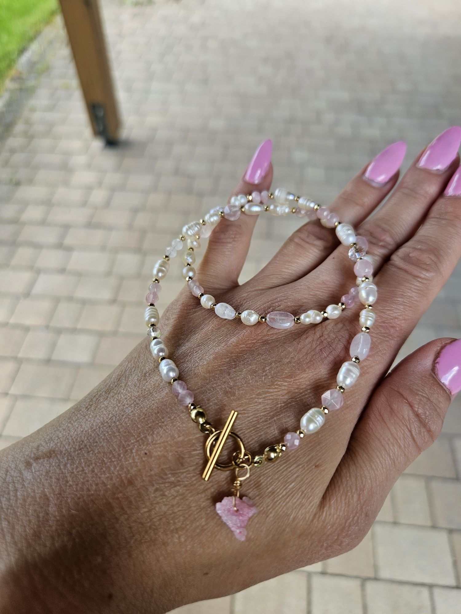 Naszyjnik Choker kamienie naturalne Perły Naturalne Kwarc Różowy Agat