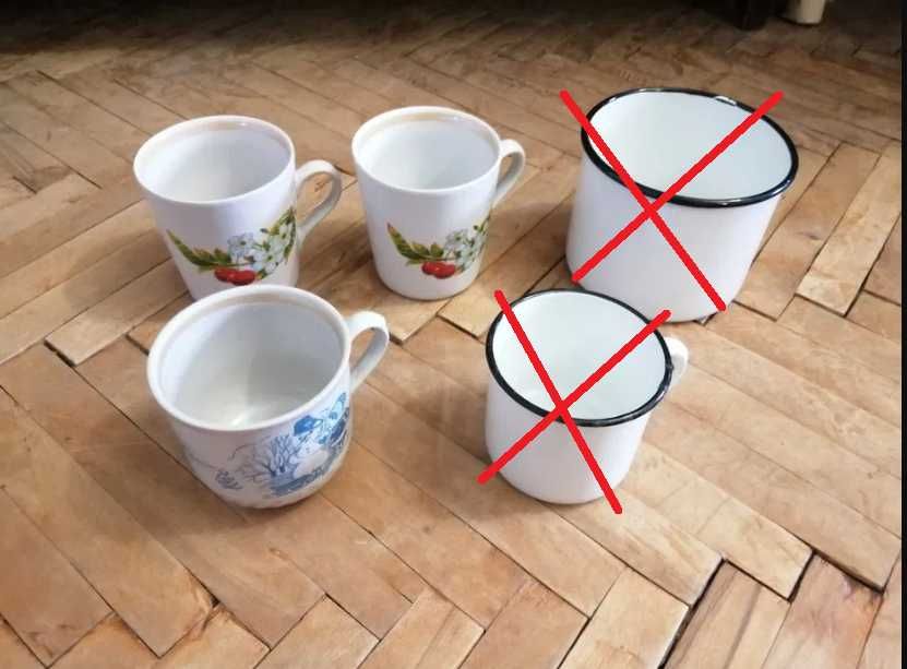 Кастрюли, миски, чашки эмалированные, алюминиевые, стекло.