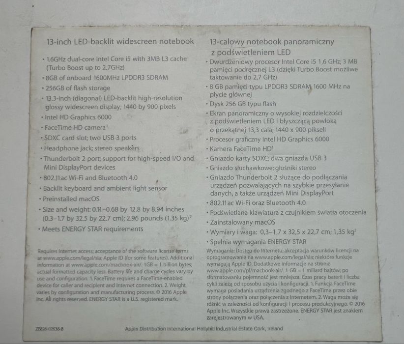 Laptop MacBook Air 13 A1466 Dysk 256GB 8GB RAM malo używany wylogowany