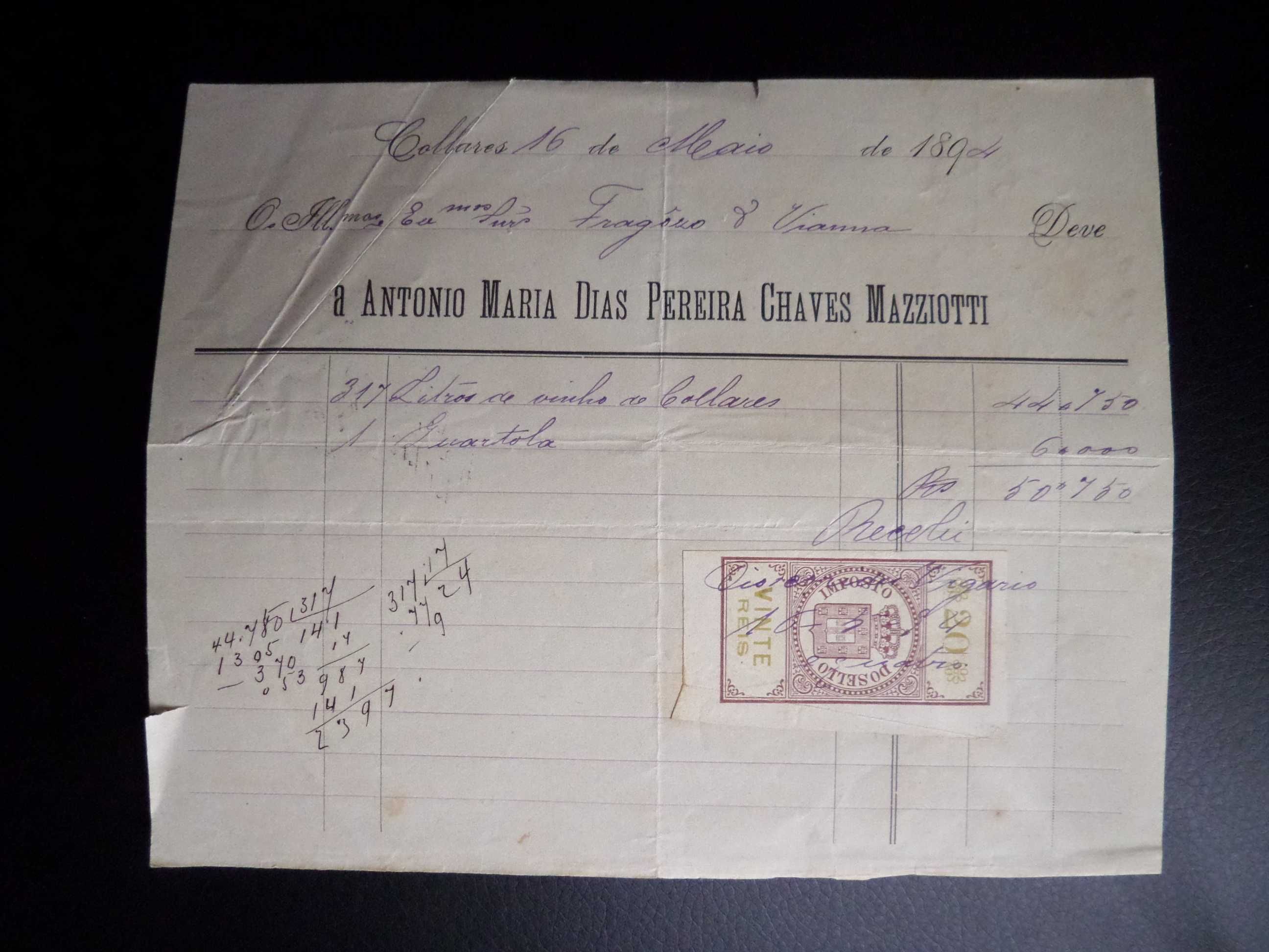 Documento:  Recibo com Selo 20 Reis , Ano  1894