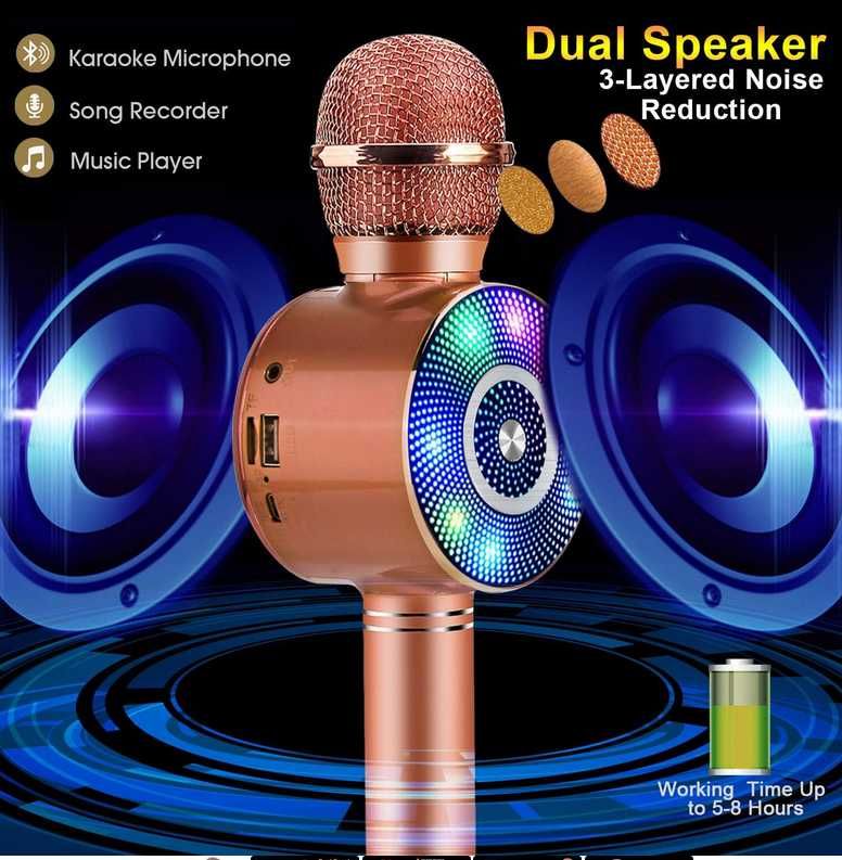 FISHOAKY Mikrofon do karaoke dla dzieci, 4w1, Bluetooth, z głośnikiem