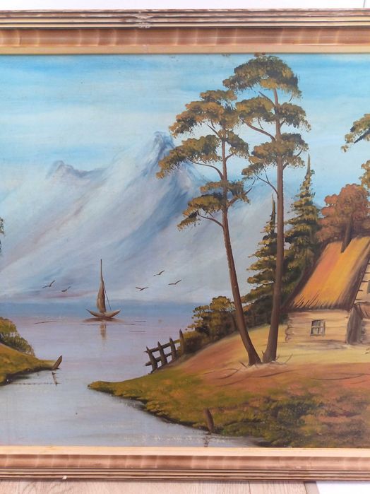 Obraz olejny Chata nad Jeziorem / MK 1984 / drewniana rama / 86 x 56,3