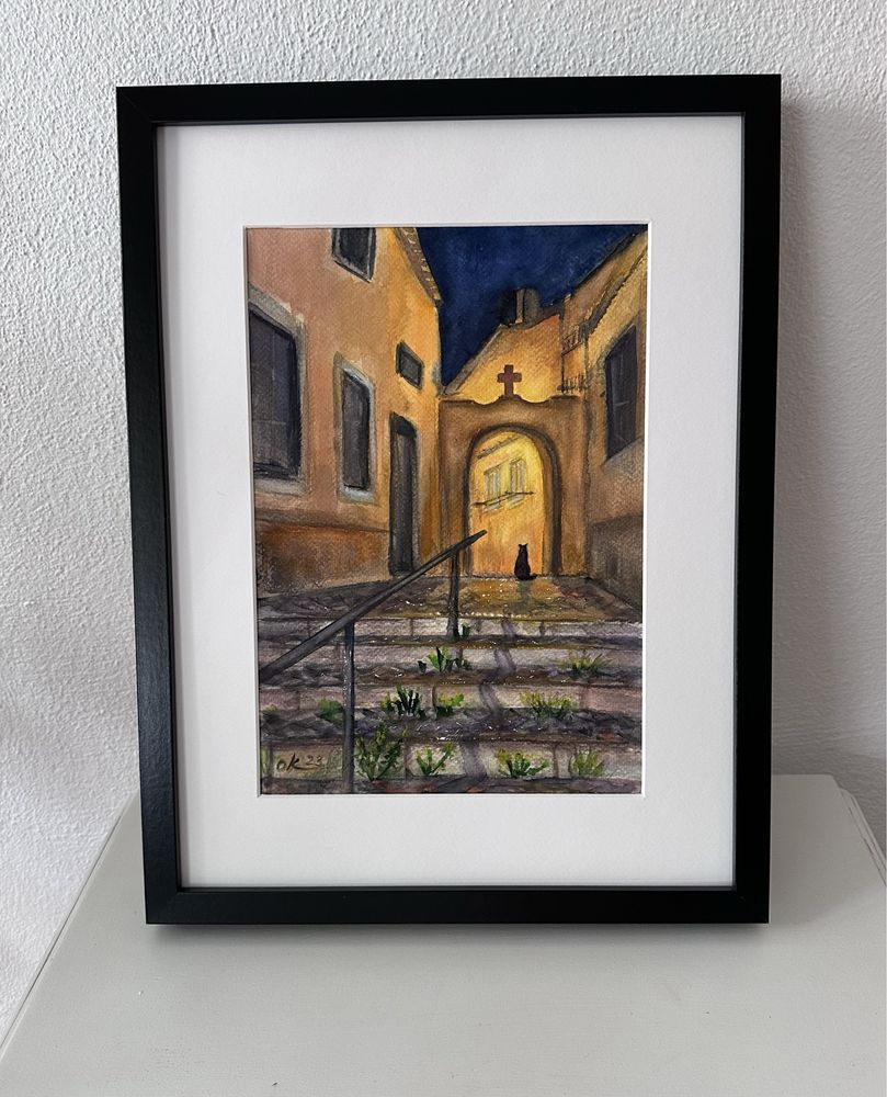 Alfama Lisboa Pintura aguarela com moldura / framed art painting cat