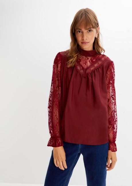 B.P.C bordowa bluzka szyfonowa z koronką 40.