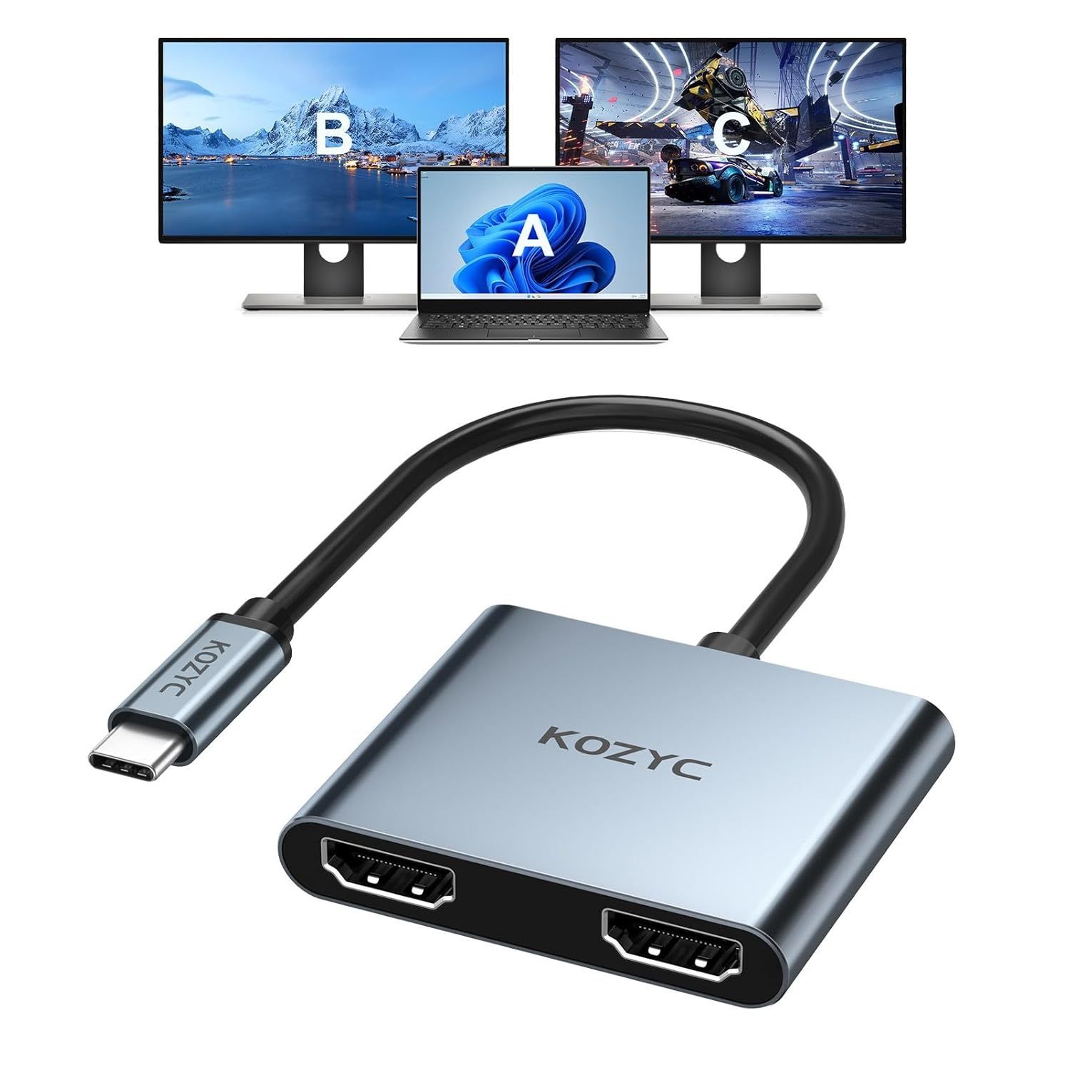 Адаптер USB C на два HDMI 4Kа60hz, розгалужувач типу C на HDMI для ро