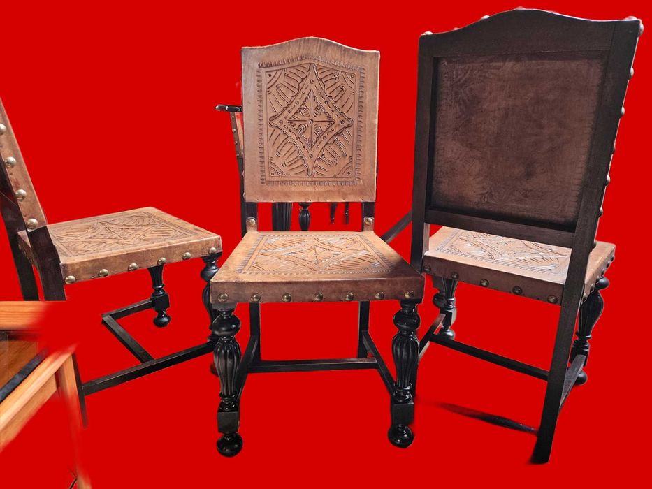 Cadeiras antigas em madeira e couro - óptimo estado geral -