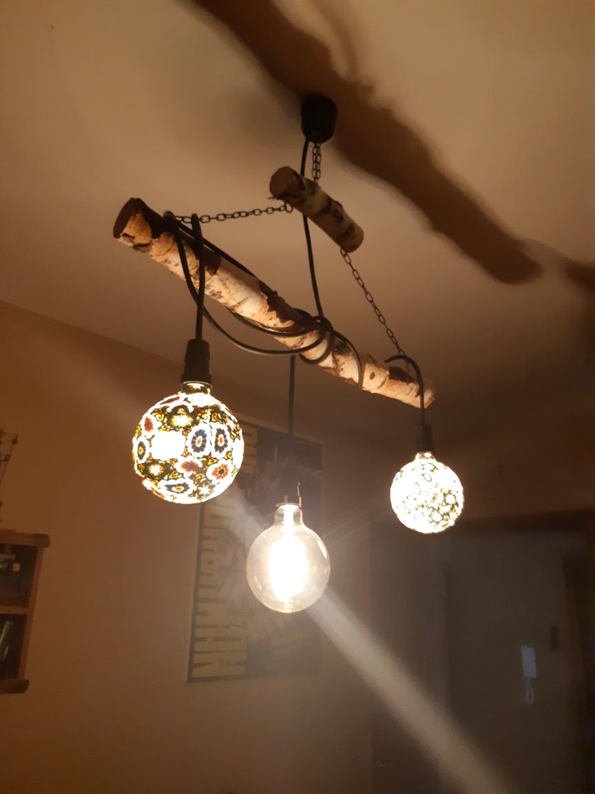 Lampa z brzozy +żarówki dekoracyjne. Loft, retro.