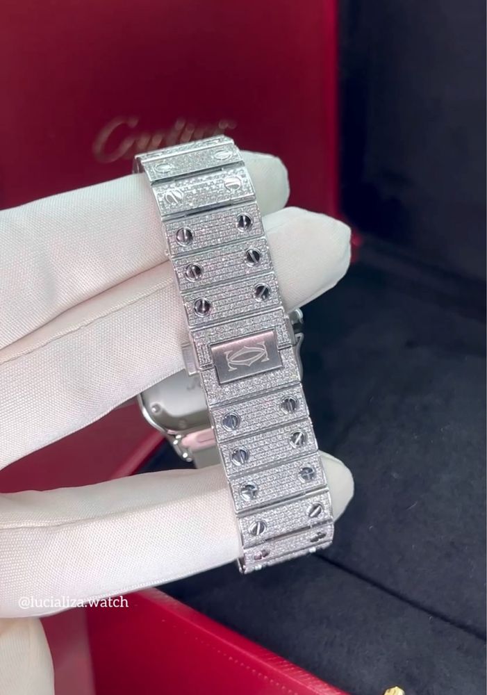 Новые Часы Cartier Santos Medium Сталь Бриллианты 13.5ct 35x42mm