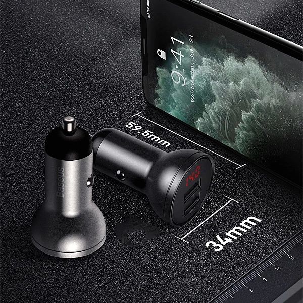 Baseus ładowarka samochodowa 2x USB 4,8A 24W z LCD + kabel 3w1 USB - U