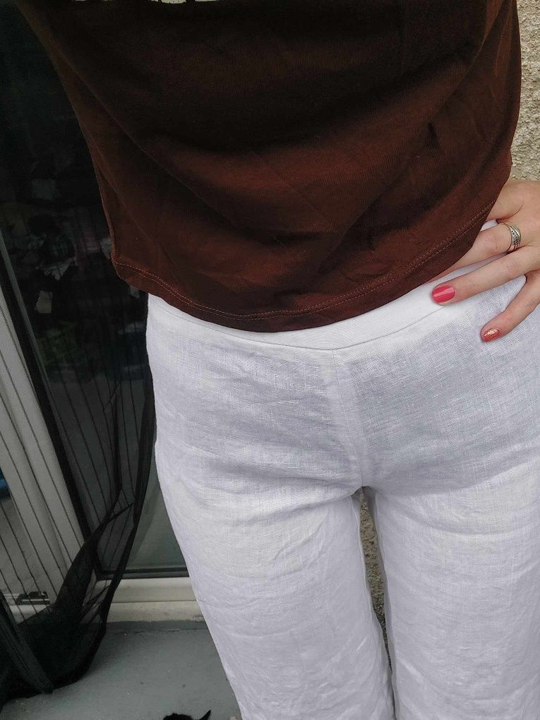 Spodnie białe lniane, len 34 xs