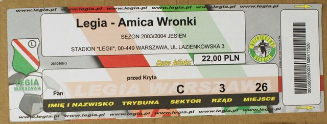 Legia Warszawa - Amica Wronki - bilet kolekcjonerski - 2003 rok
