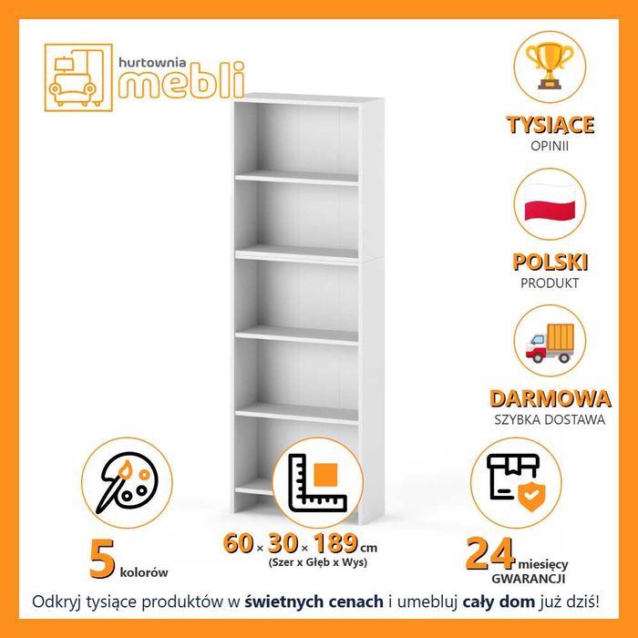 Regał Na Książki Paulla 60cm Nowoczesny Stojak 5 Półek Do Salonu Duży