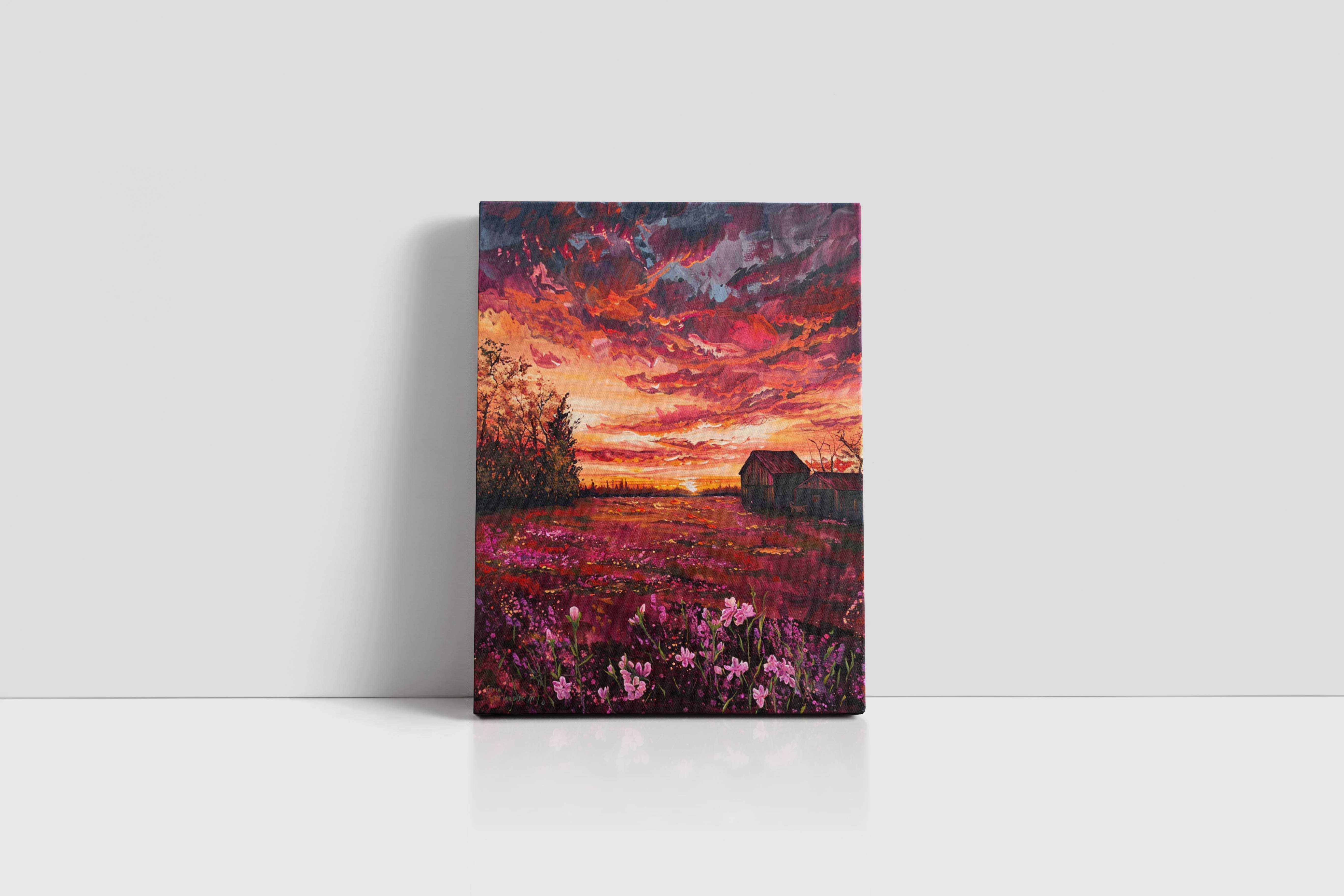 Obraz na płótnie "Zachód Słońca nad Kwiatami" 45x60 cm