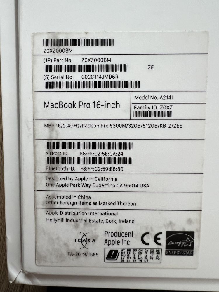 MacBook Pro 16 2.4hz/32GB/RP5300M/512GB
