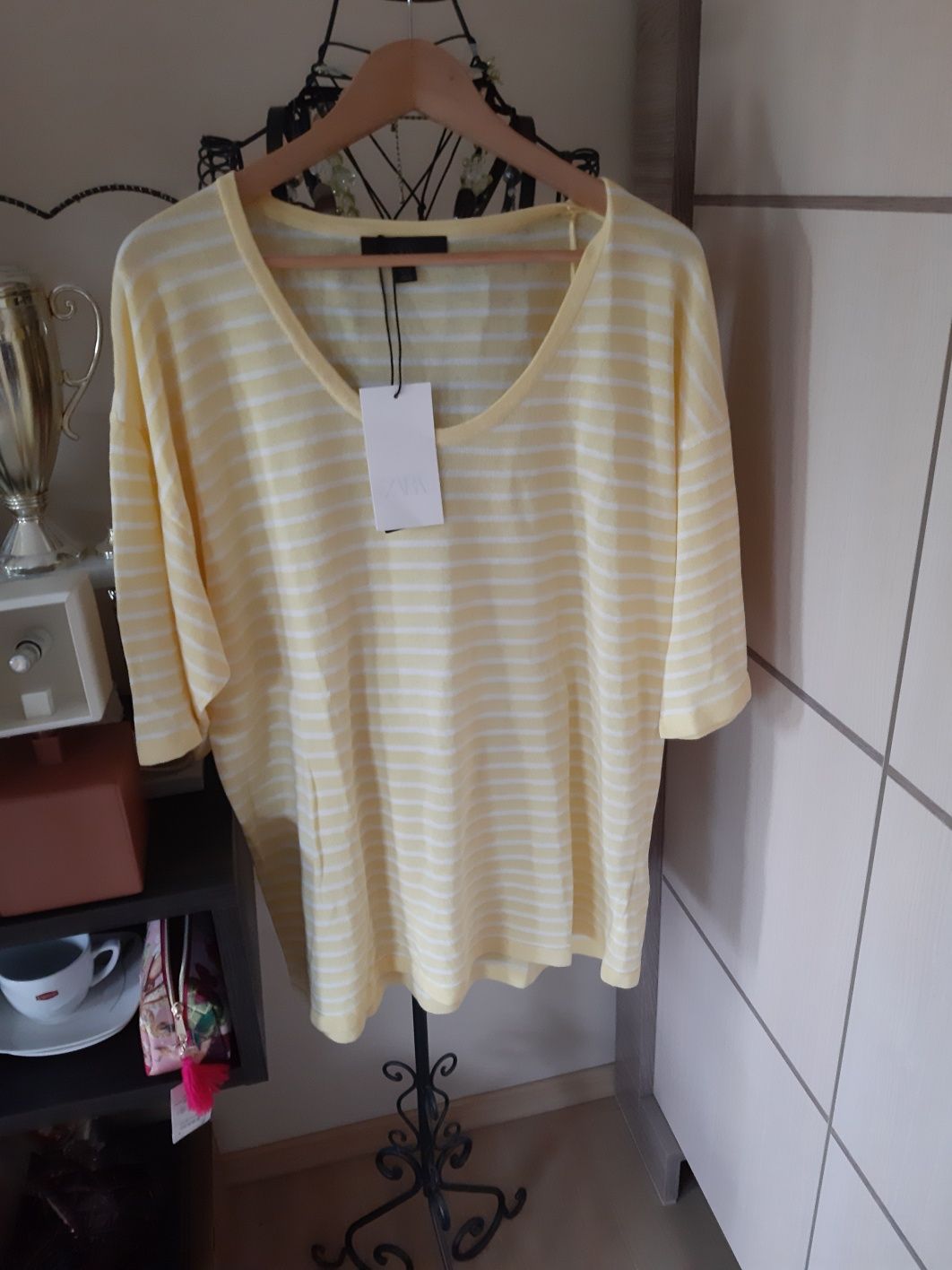 Koszulka Zara S oversize kolekcja len paski damska tshirt lato tkmaxx