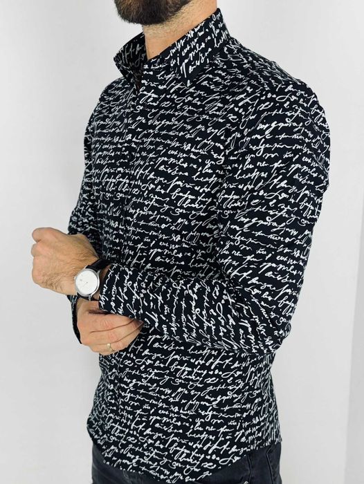 GIOVANNI PERA Koszula męska K012 Pismo, czarna-biała, elastyczna