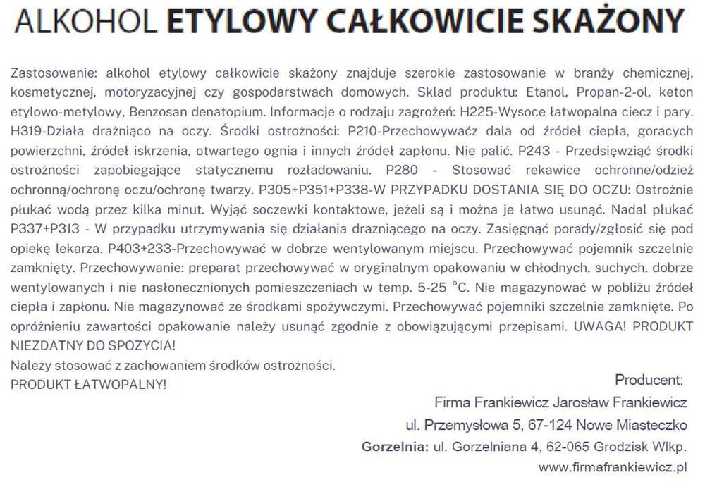 Sprzedam ALKOHOL ETYLOWY skażony 93% - MAUZER