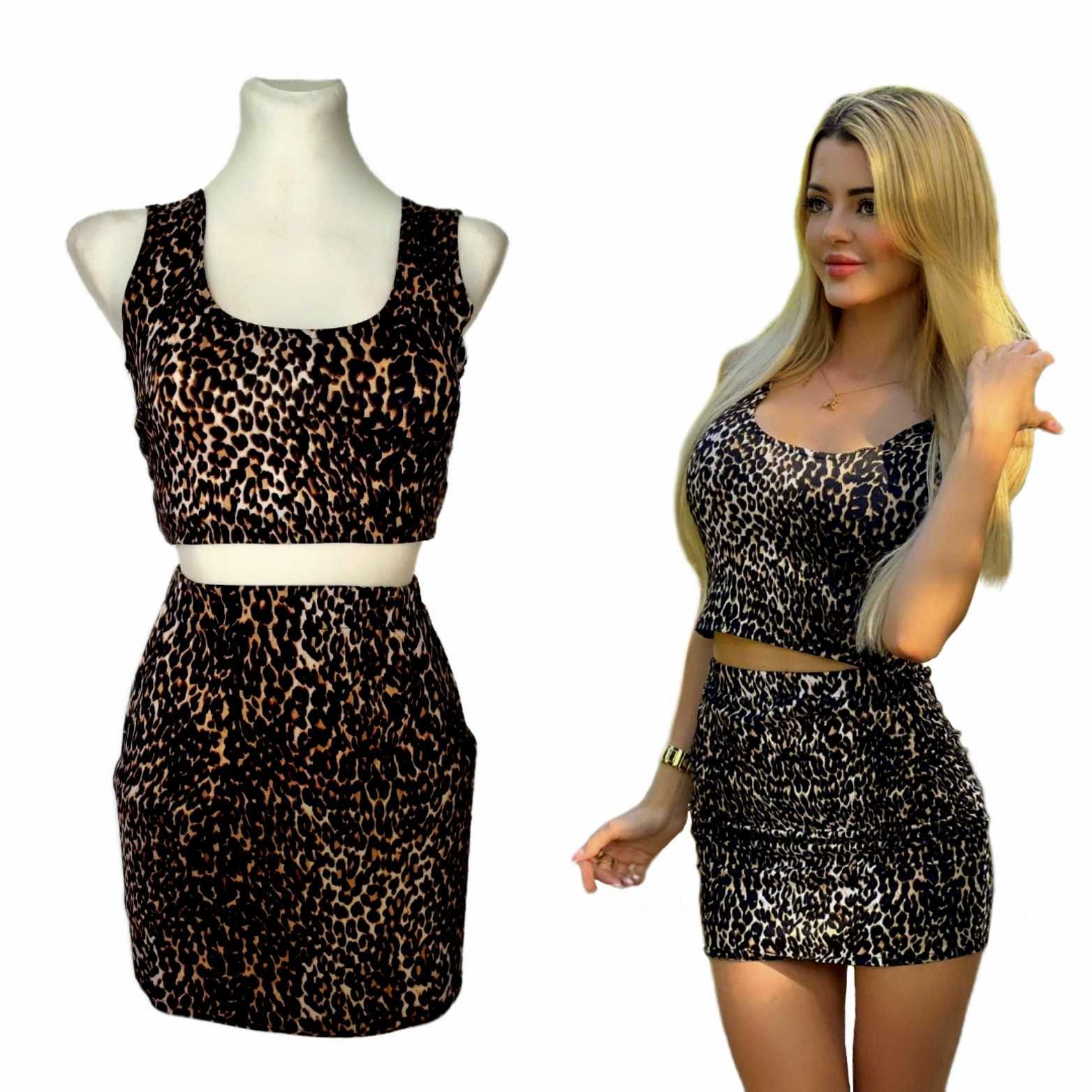 NOWY Komplet w PANTERKĘ Top + spódniczka Mini na gumce XS/S, S/M, M/L