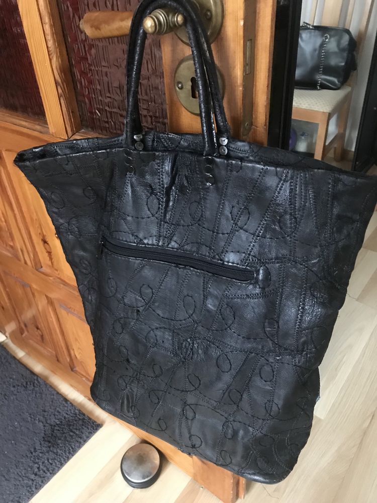 Torba  Vintage skórzana PRL  shopper , stebnowana  40/40