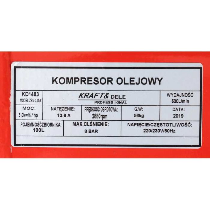 Kompresor olejowy 100l 2tłoki 230V separator 530l/min 4,1KM sprężarka
