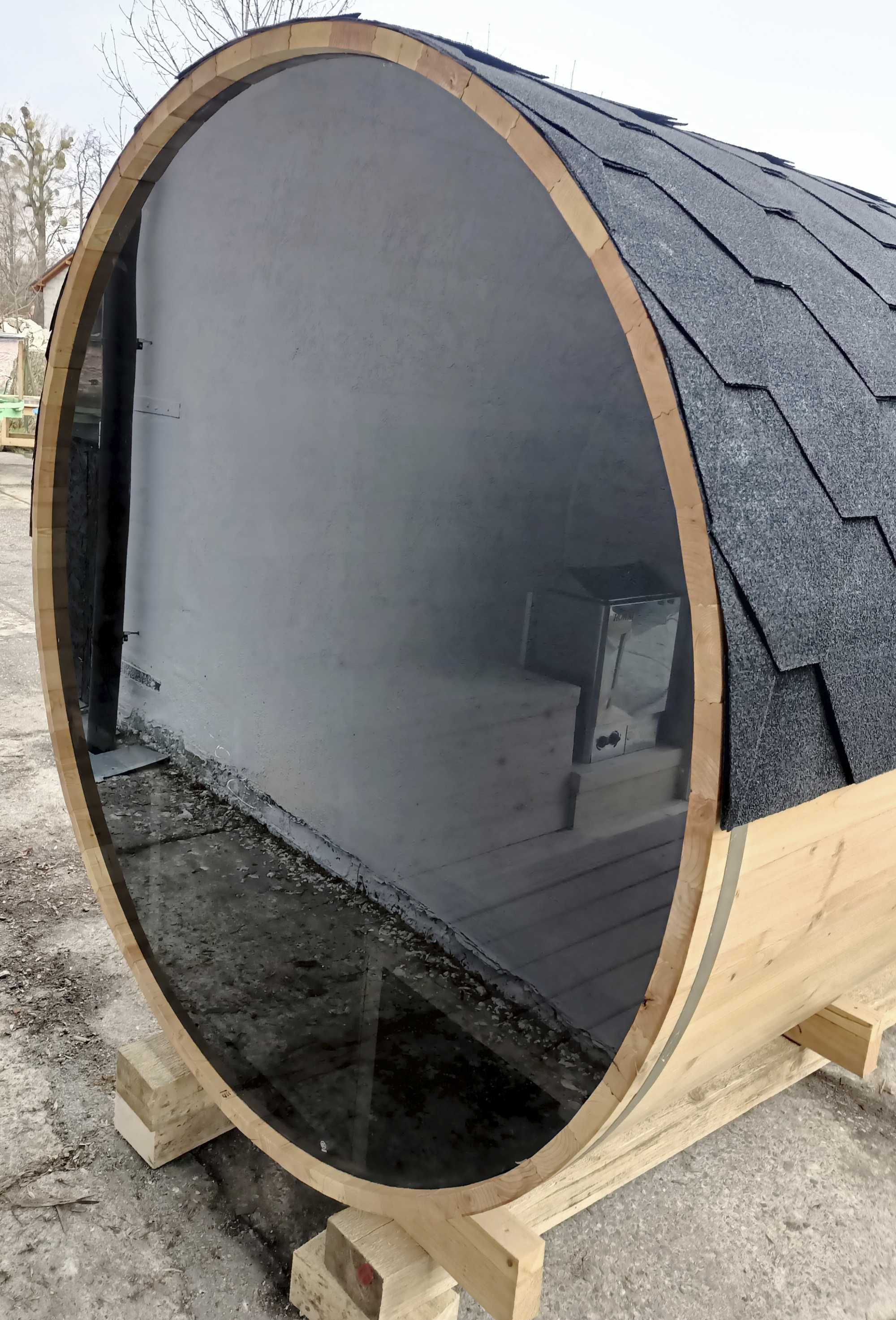 sauna ogrodowa beczka, elektryczna, szkło panoramiczne