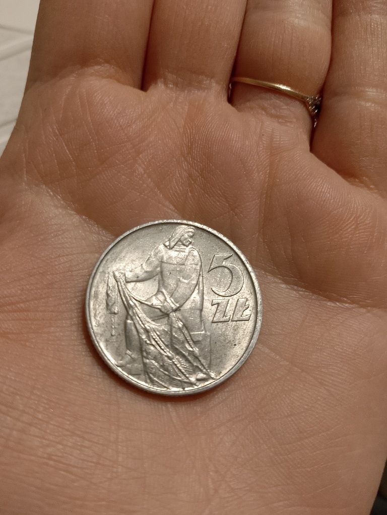 Moneta rybak 5 złotych 1974