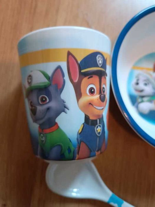 Conjunto copo, taça e colher em melamina da Patrulha Pata - NOVO