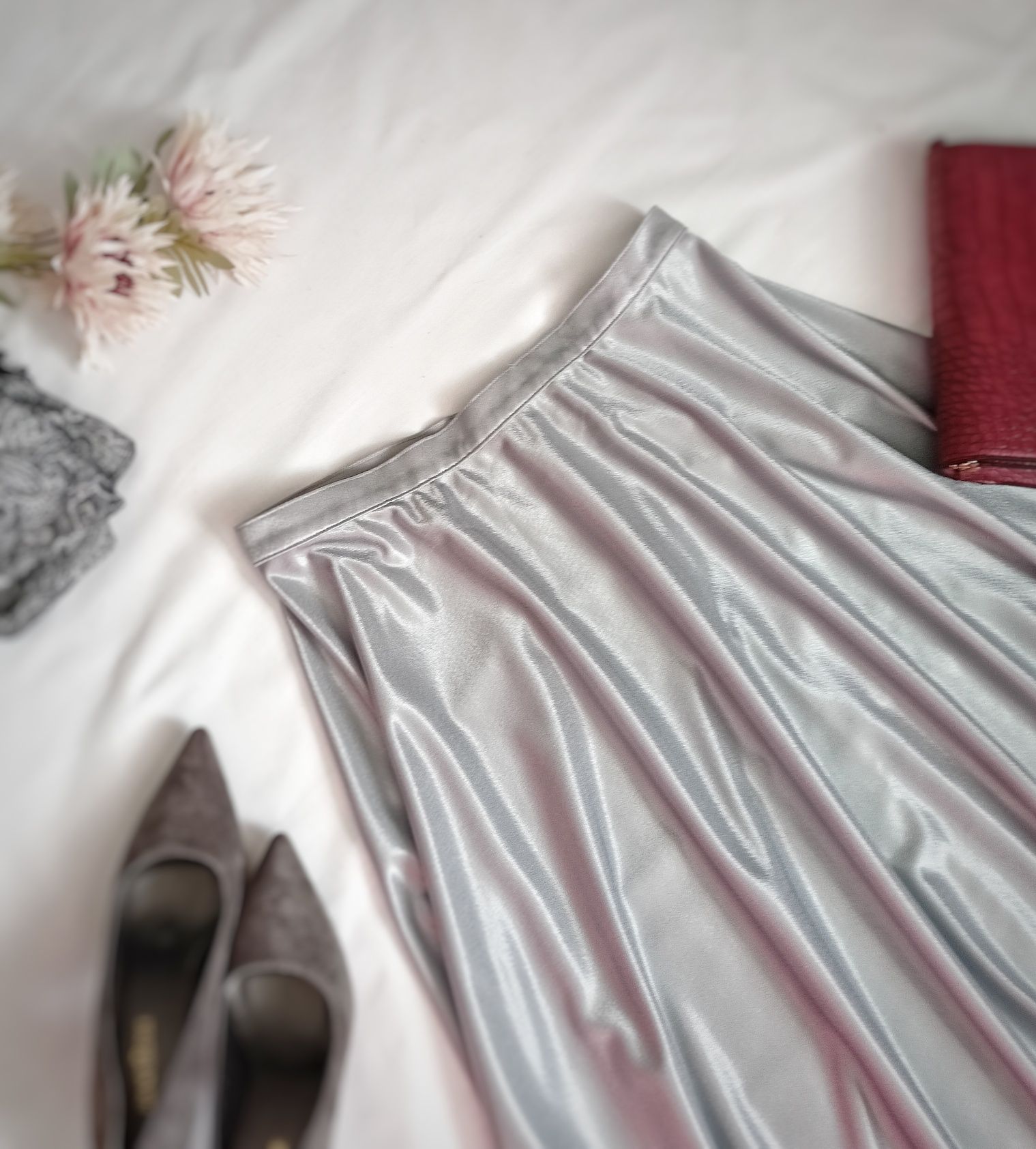 Elegancka spódnica stalowa platynowa midi ślub wesele chrzciny