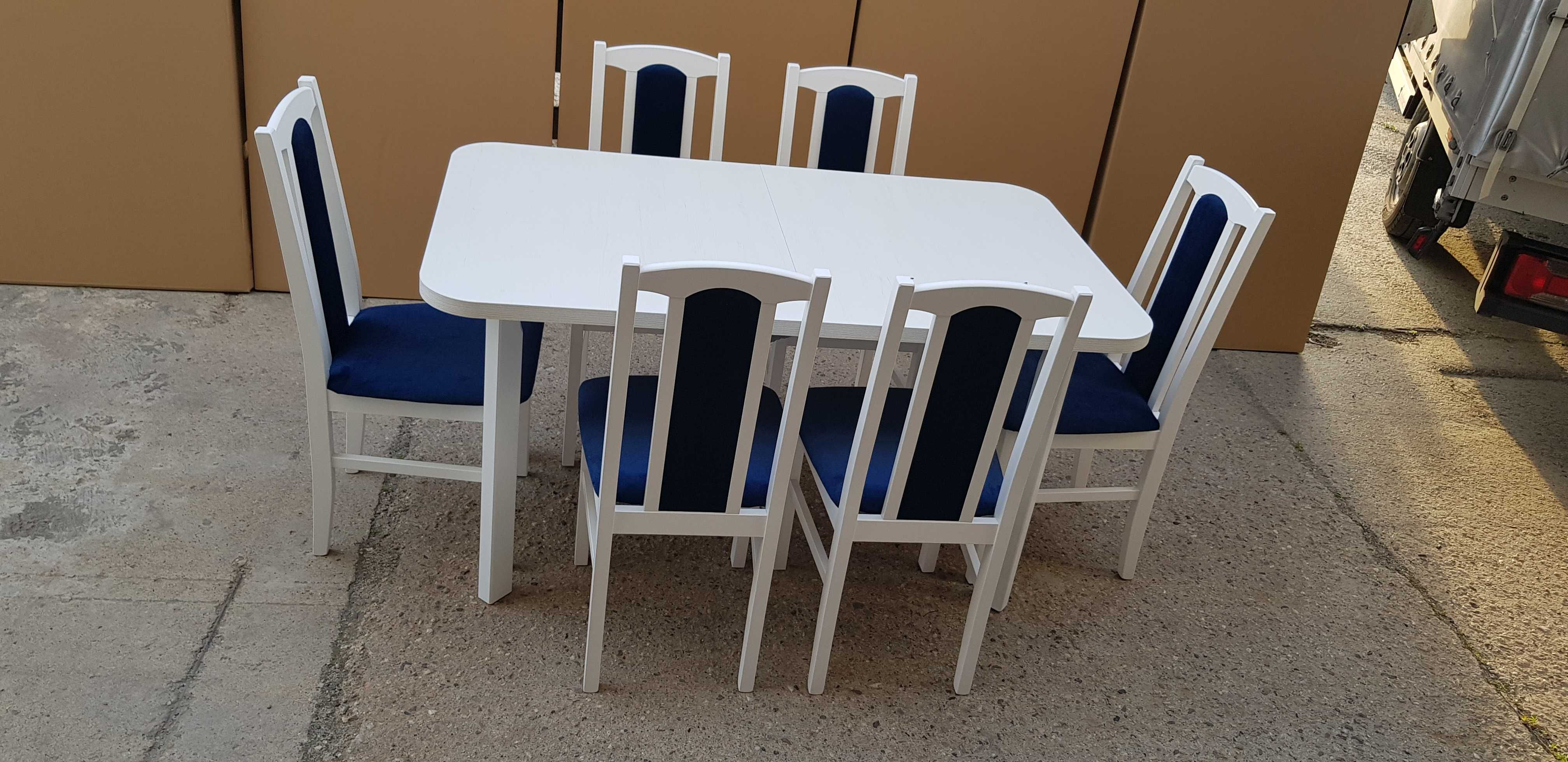 NOWE: Stół 80x140/180 + 6 krzeseł, biały + granat , transport cała PL