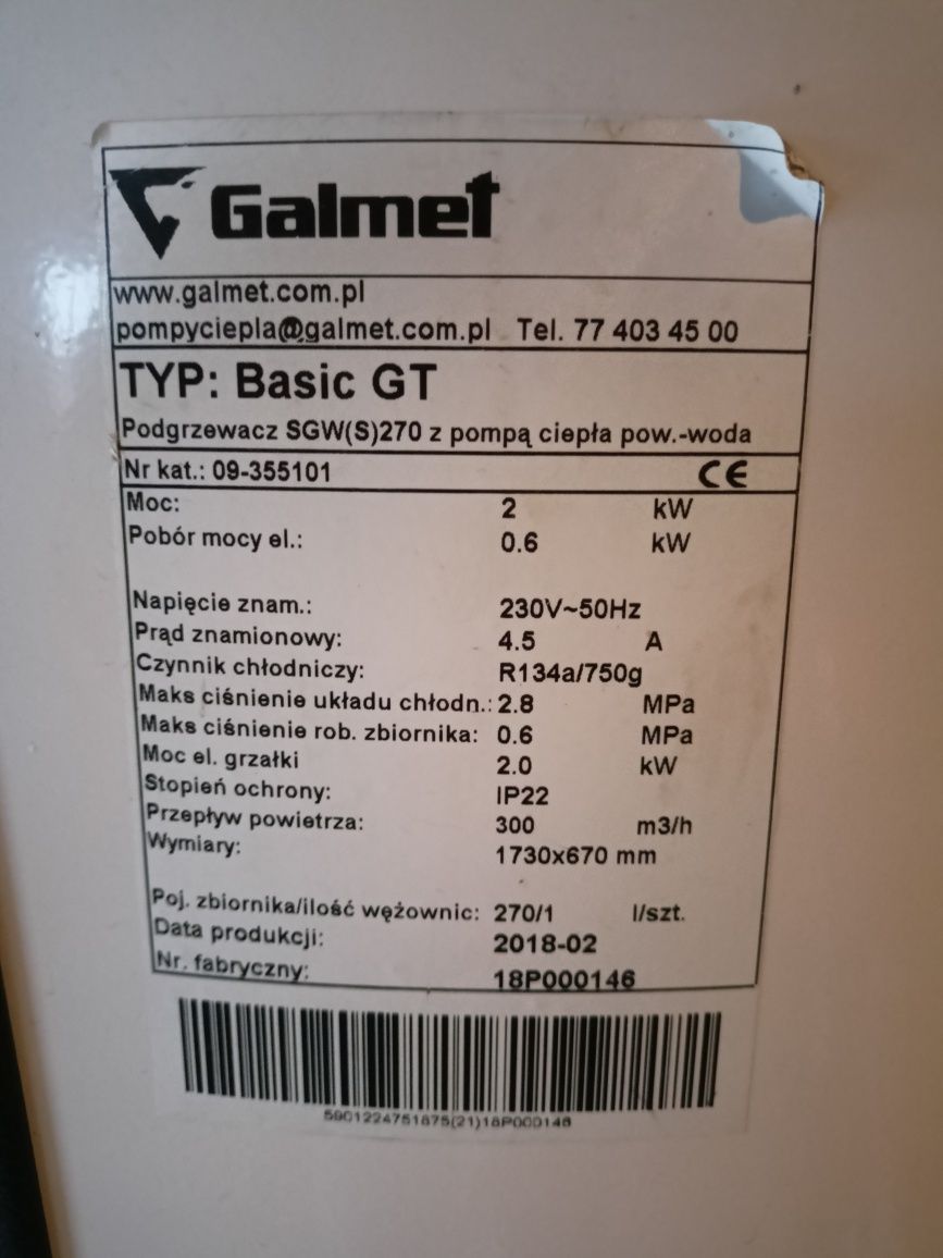 Pompa ciepła powietrze woda Galmet Basic gt, 270 litrów