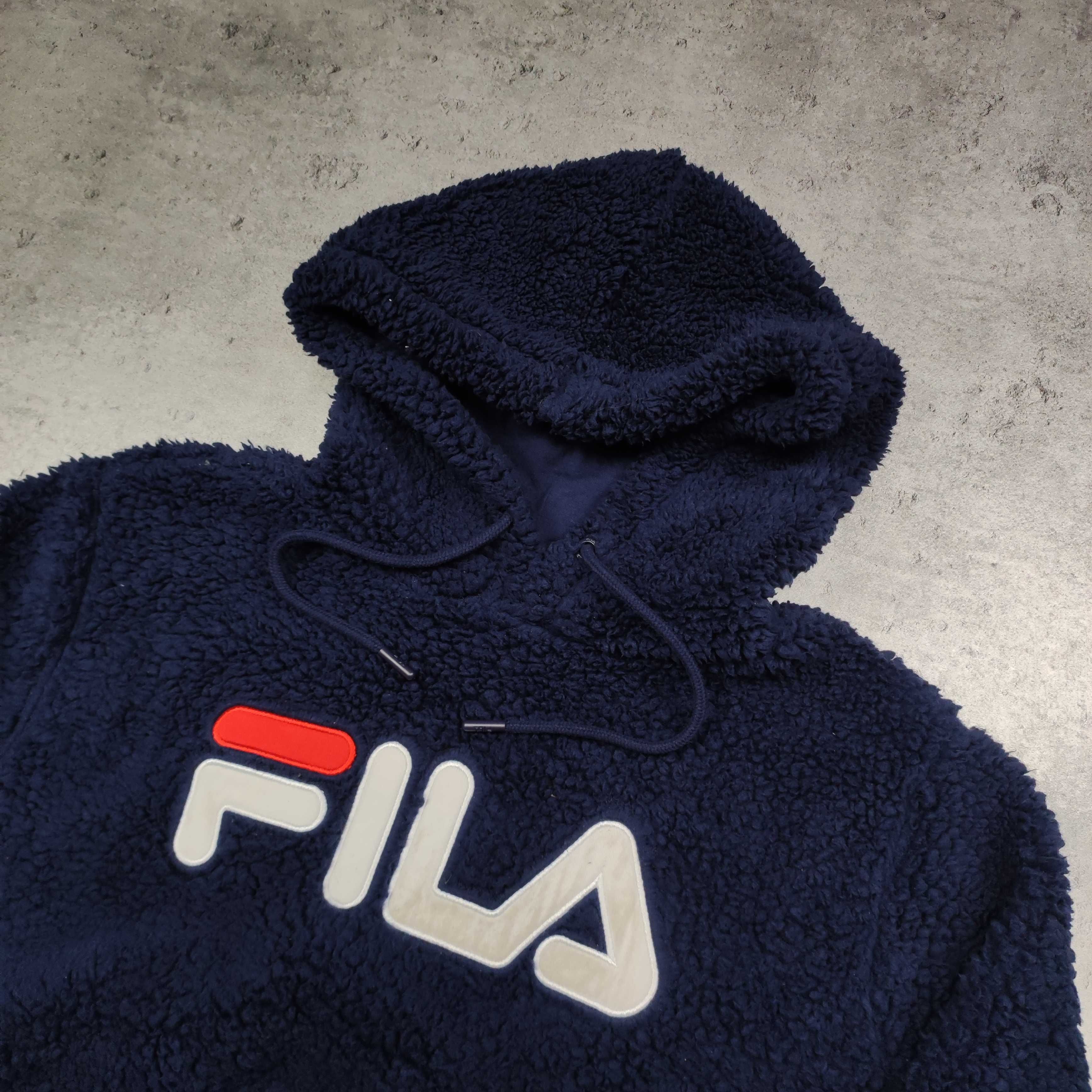 MĘSKA Bluza Granatowa Baranek Polar Sherpa Fila Haft Zimowa Ocieplona