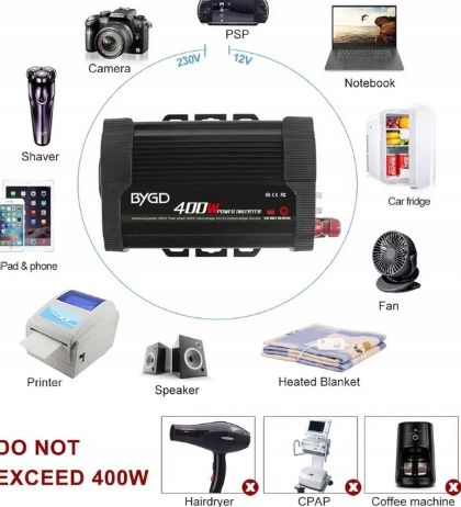 Przetwornica Mocy Samochodowa Ładowarka DC 12V AC 220V 230V 2xUSB 400W