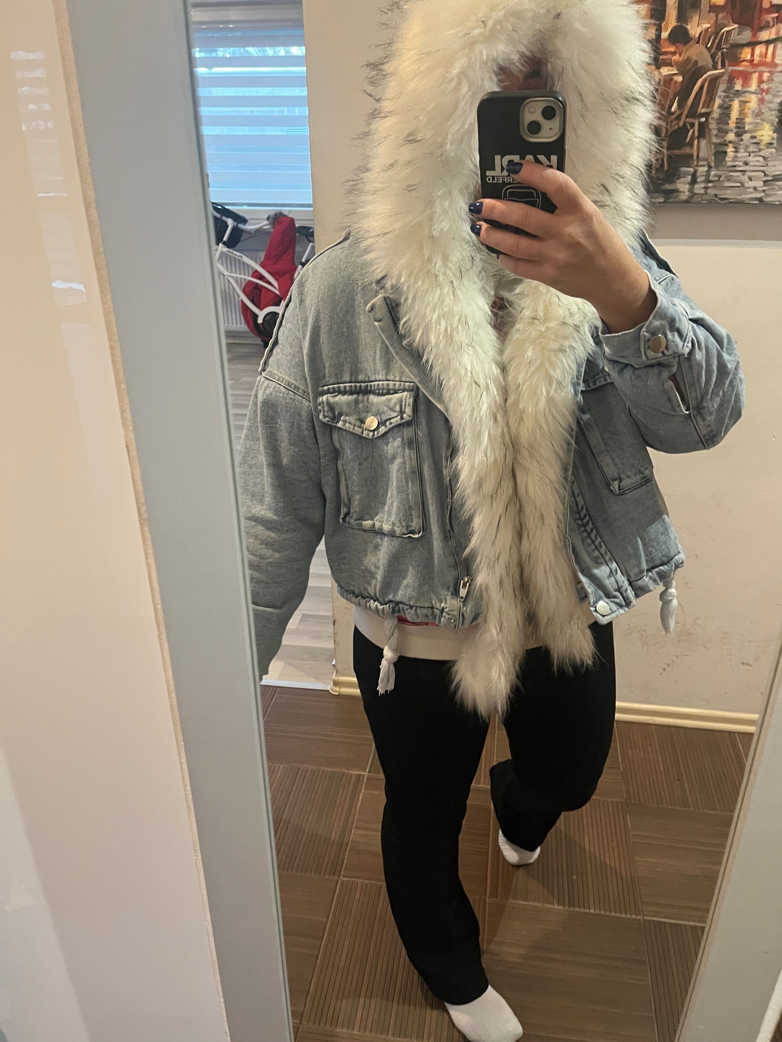 przepiękna jeansowa kurtka zimowa odpinane futerko kaptur oversize niu