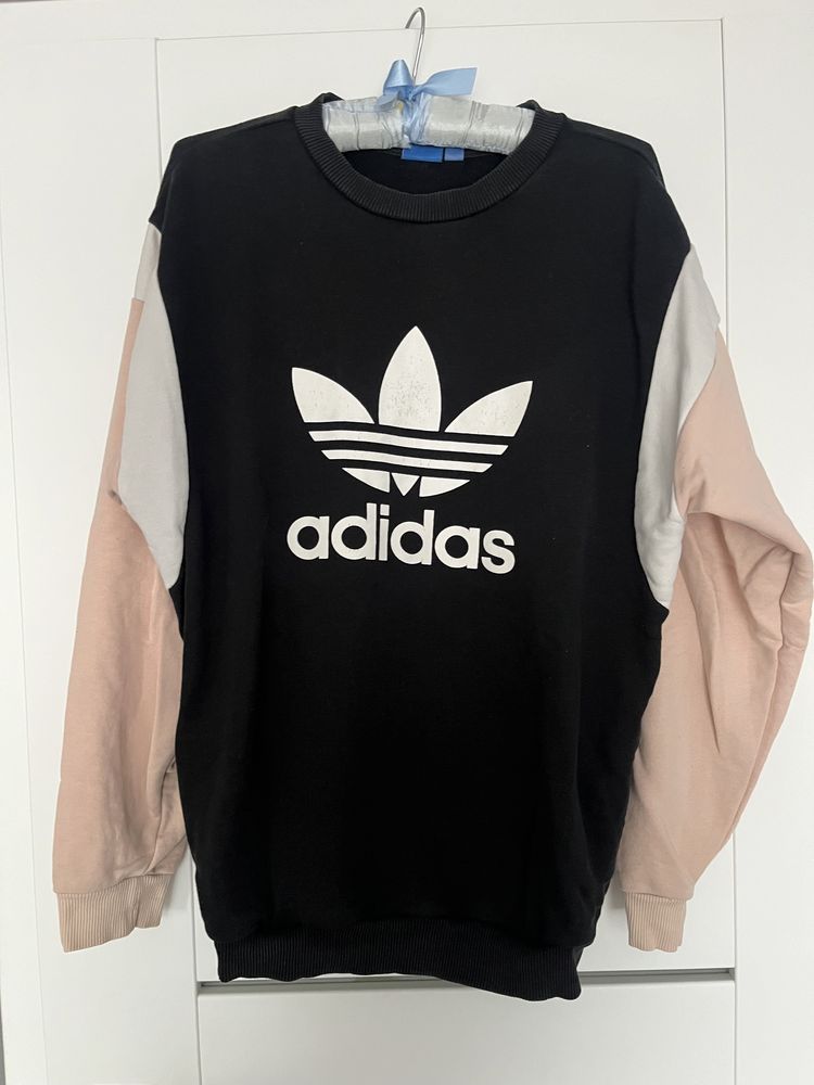 bluza czarna różowa Adidas logo oversize M S L damska przez głowę