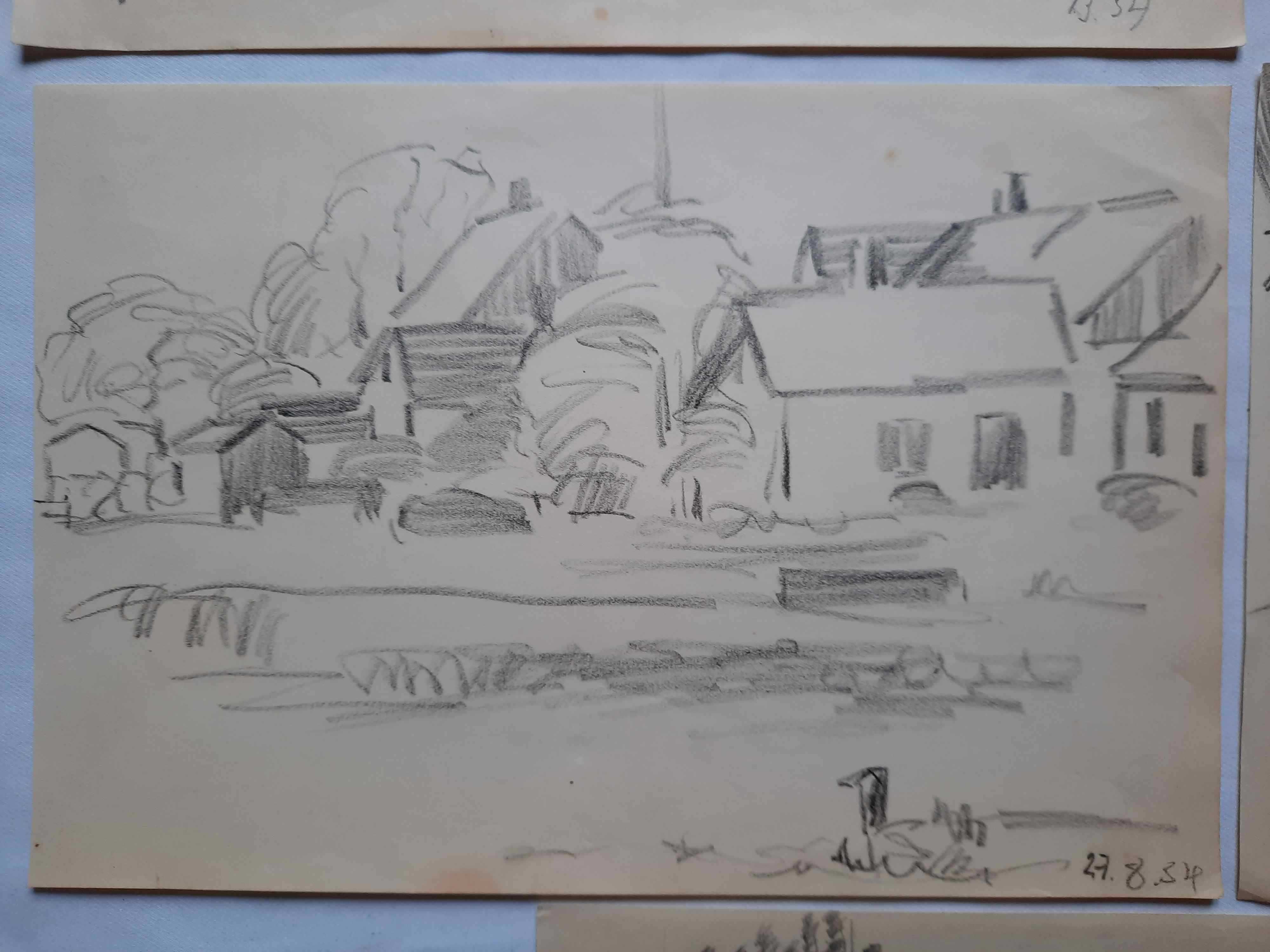 Wioska rybacka Stare przedwojenne rysunki 1933/1934 Zestaw 5 sztuk